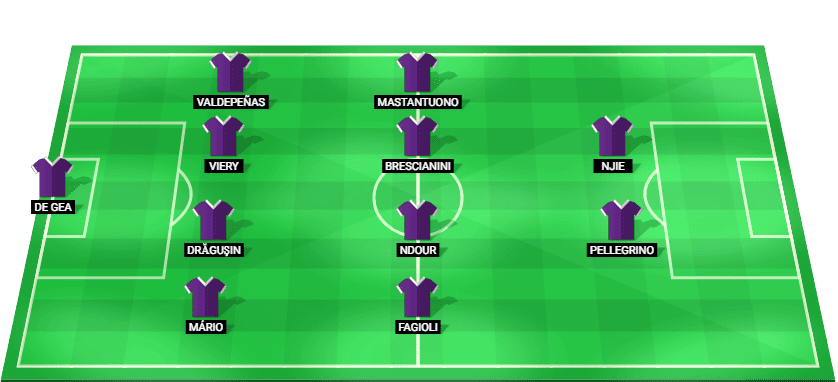 Gráfica táctica con la alineación titular de la Fiorentina para el partido contra el Venezia FC.