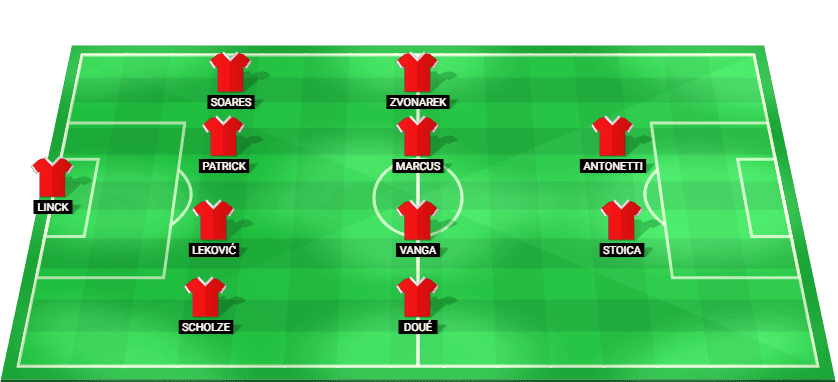 Gráfica táctica con la alineación titular del CF Estrela Amadora para el partido contra el SC Braga.