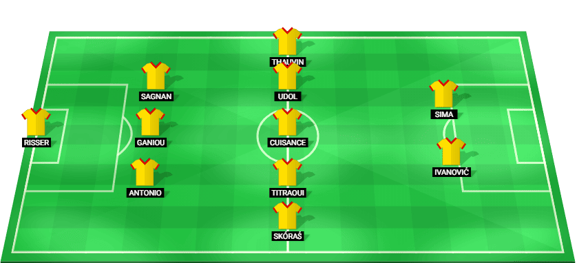Alineación titular y formación táctica del RC Lens contra el FC Lorient.